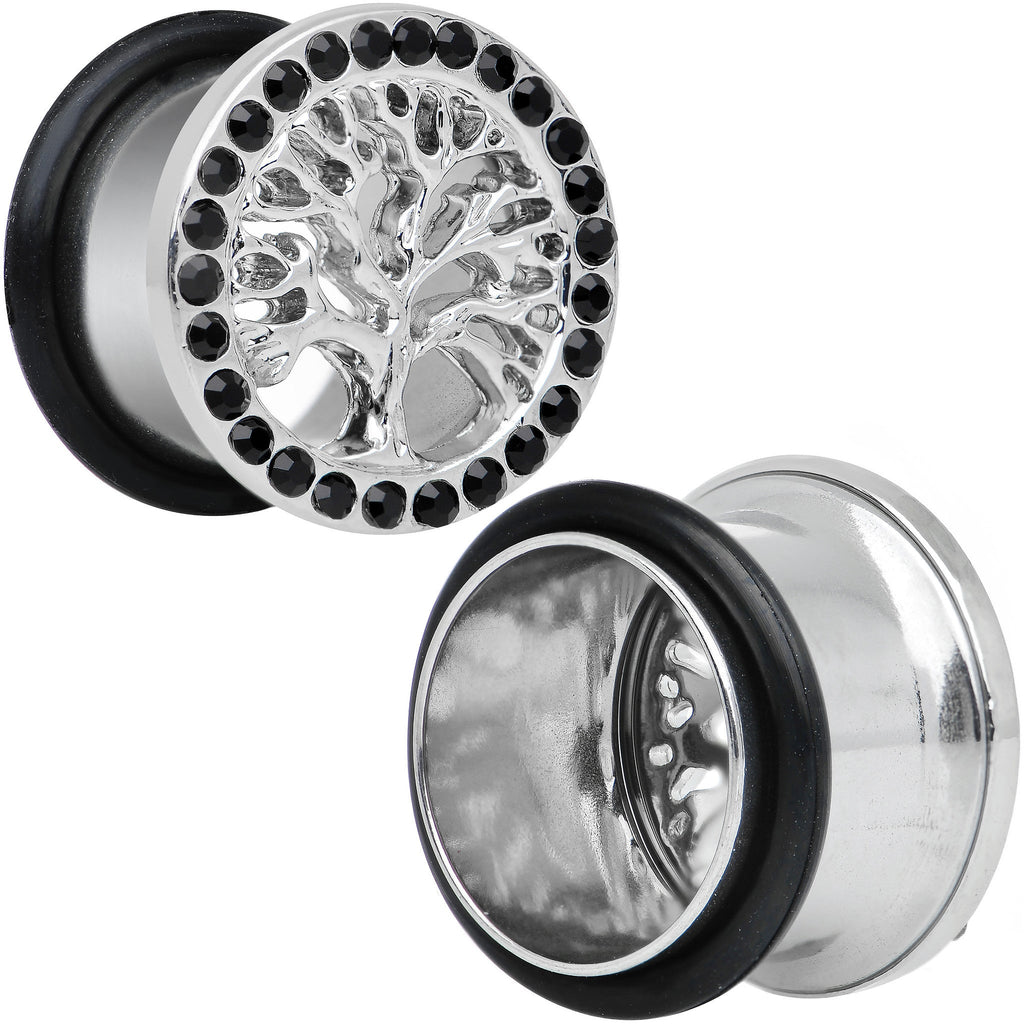 9/16 Black Gem Stainless Steel Single Flare Tree of Life Plug Set