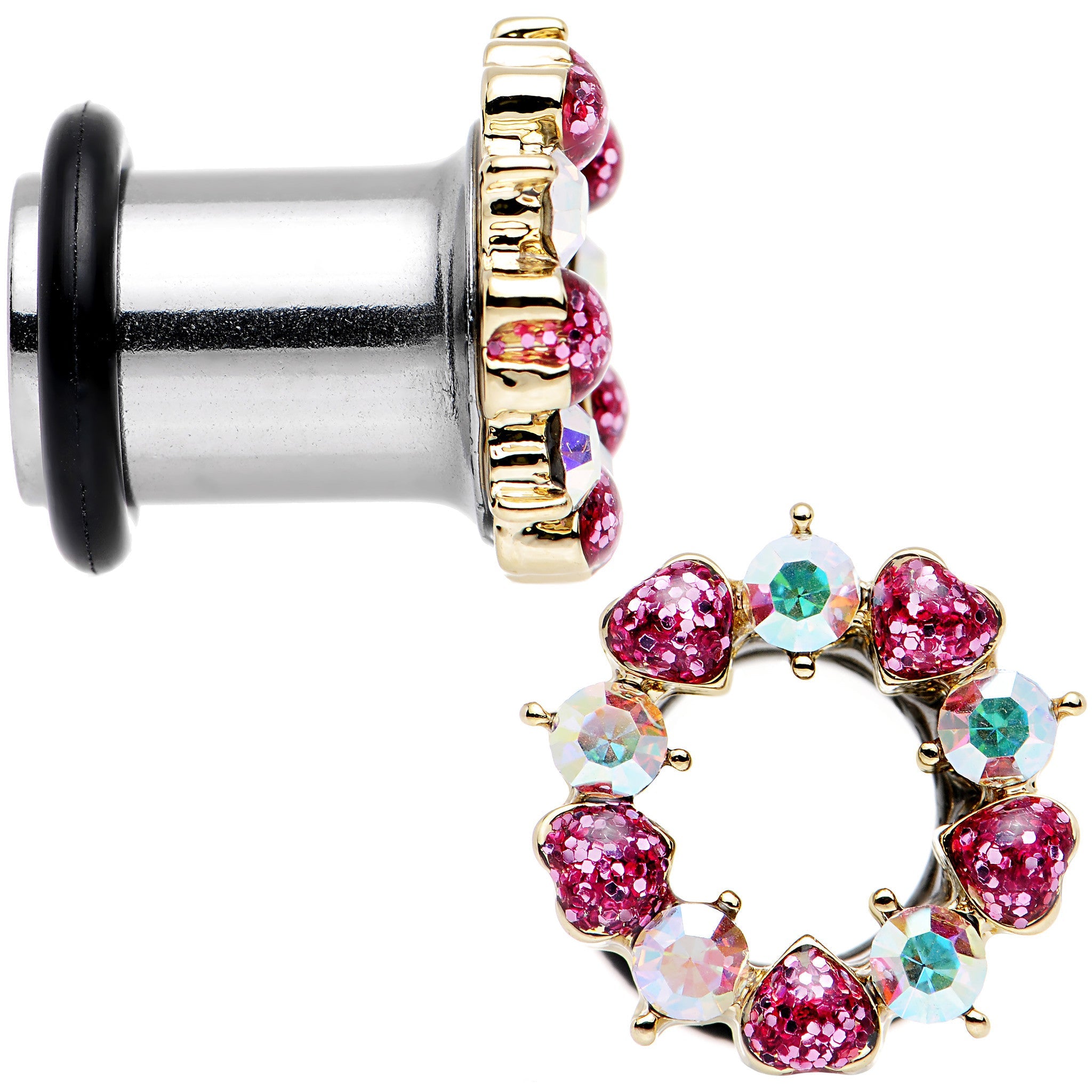 0G Aurora and Pink Gem Heart Wreath Single Flare Tunnel Plug Set