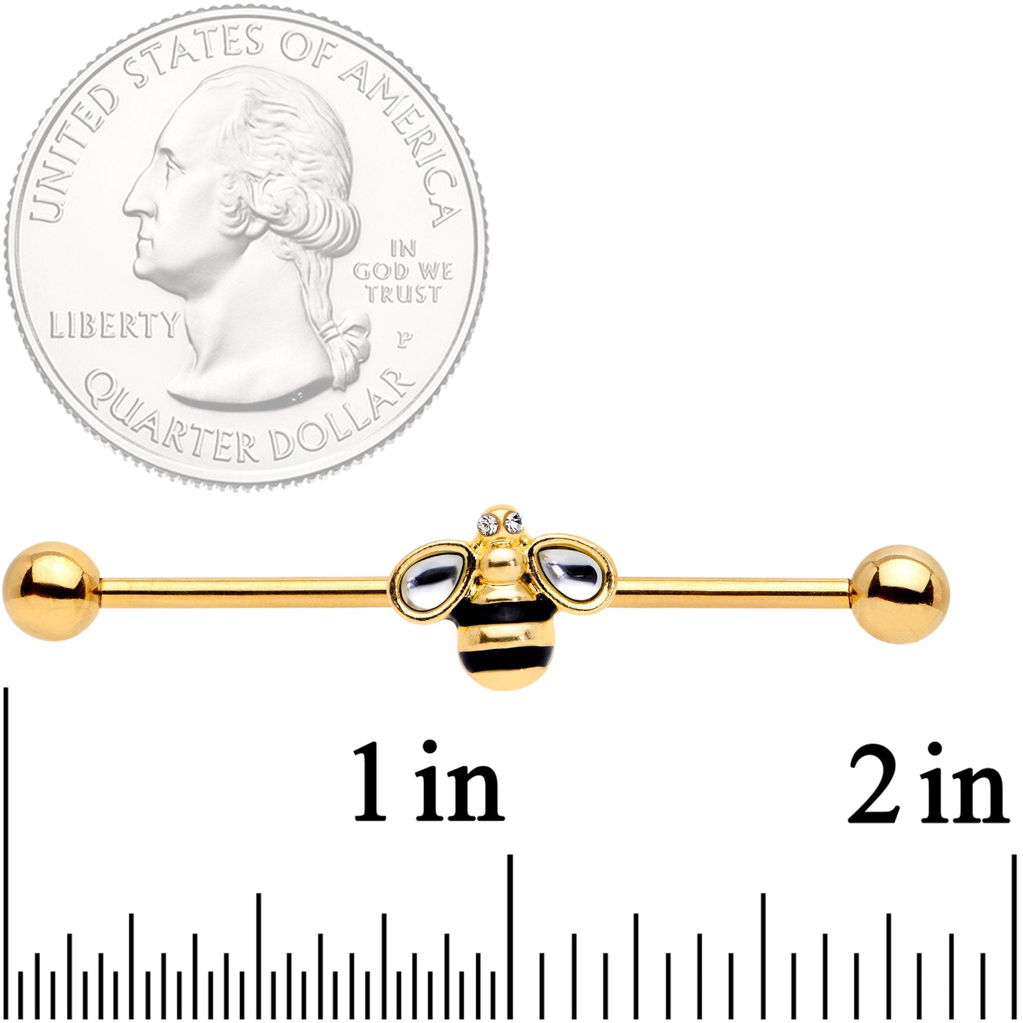 14G Clear Gem Gold Tone Bumblebee Bling Industrial Barbell 38mm