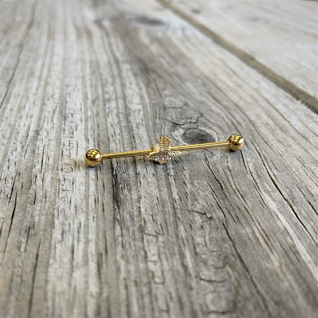 14G Clear Gem Gold Tone Alien UFO Beam Industrial Barbell 38mm