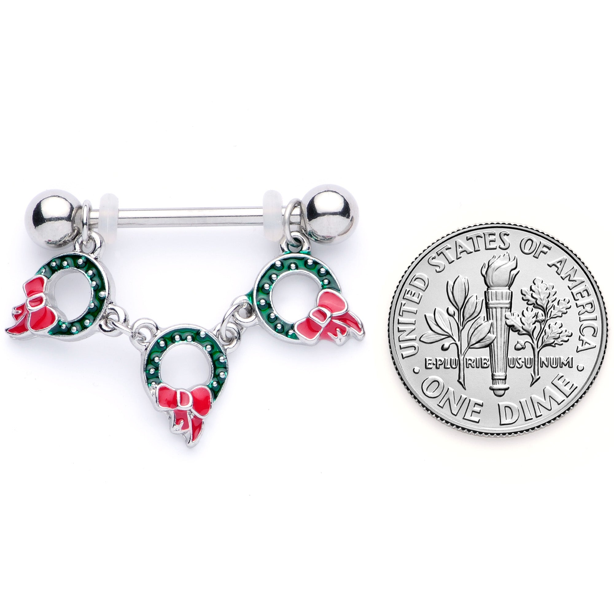 14G 5/8 Holiday Wreath Christmas Chain Dangle Nipple Ring Set
