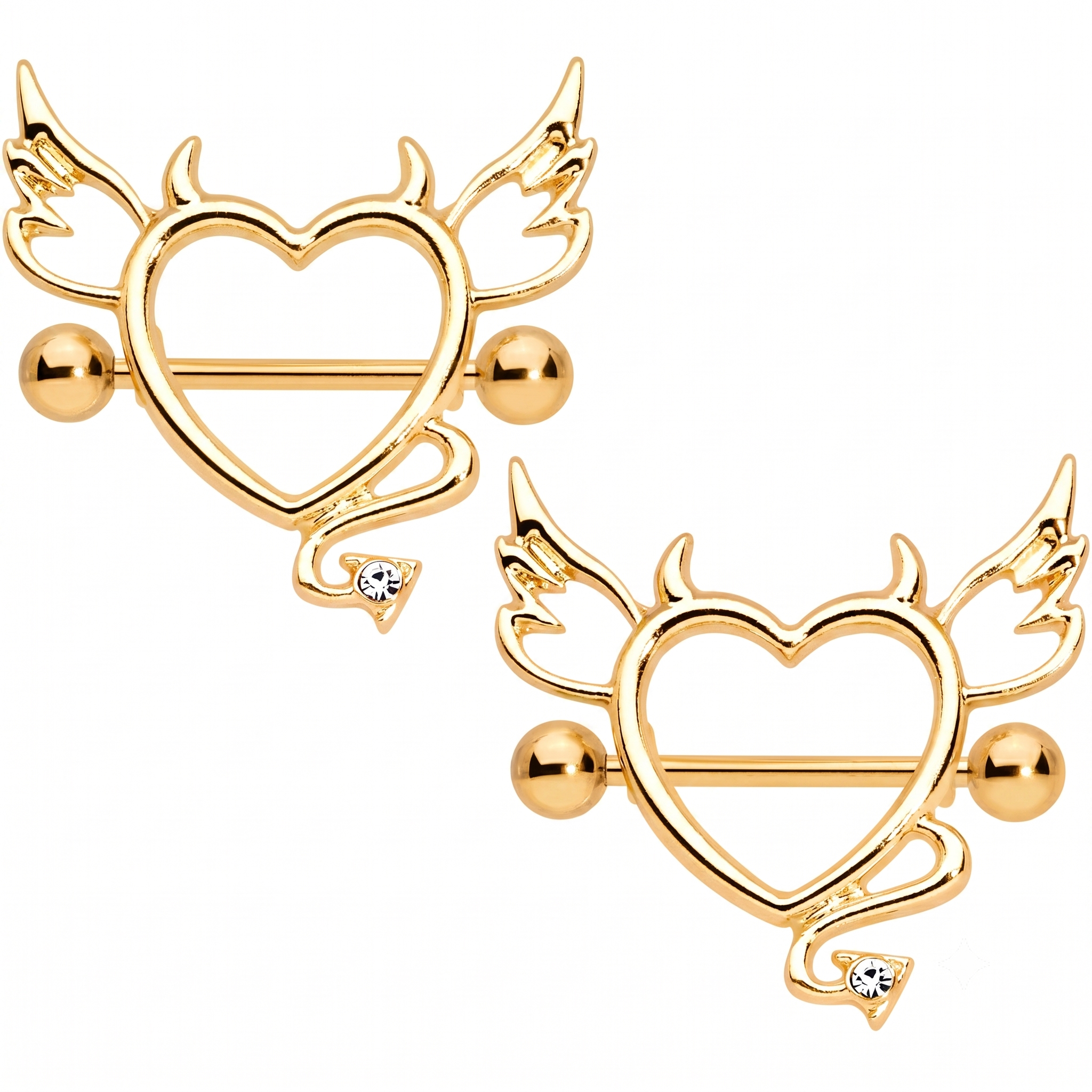 14G 9/16 Clear Gem Gold Tone Devil Heart Nipple Shield Set