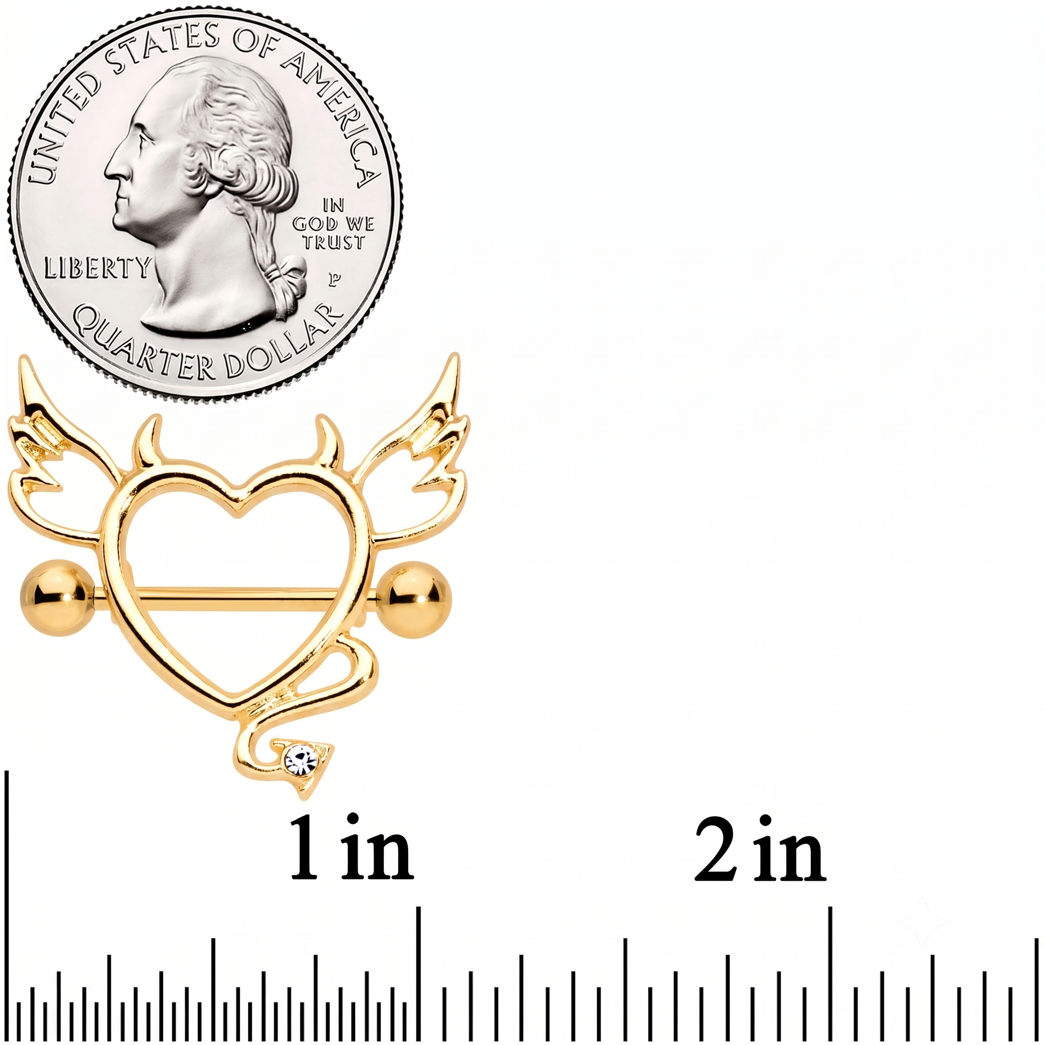 14G 9/16 Clear Gem Gold Tone Devil Heart Nipple Shield Set