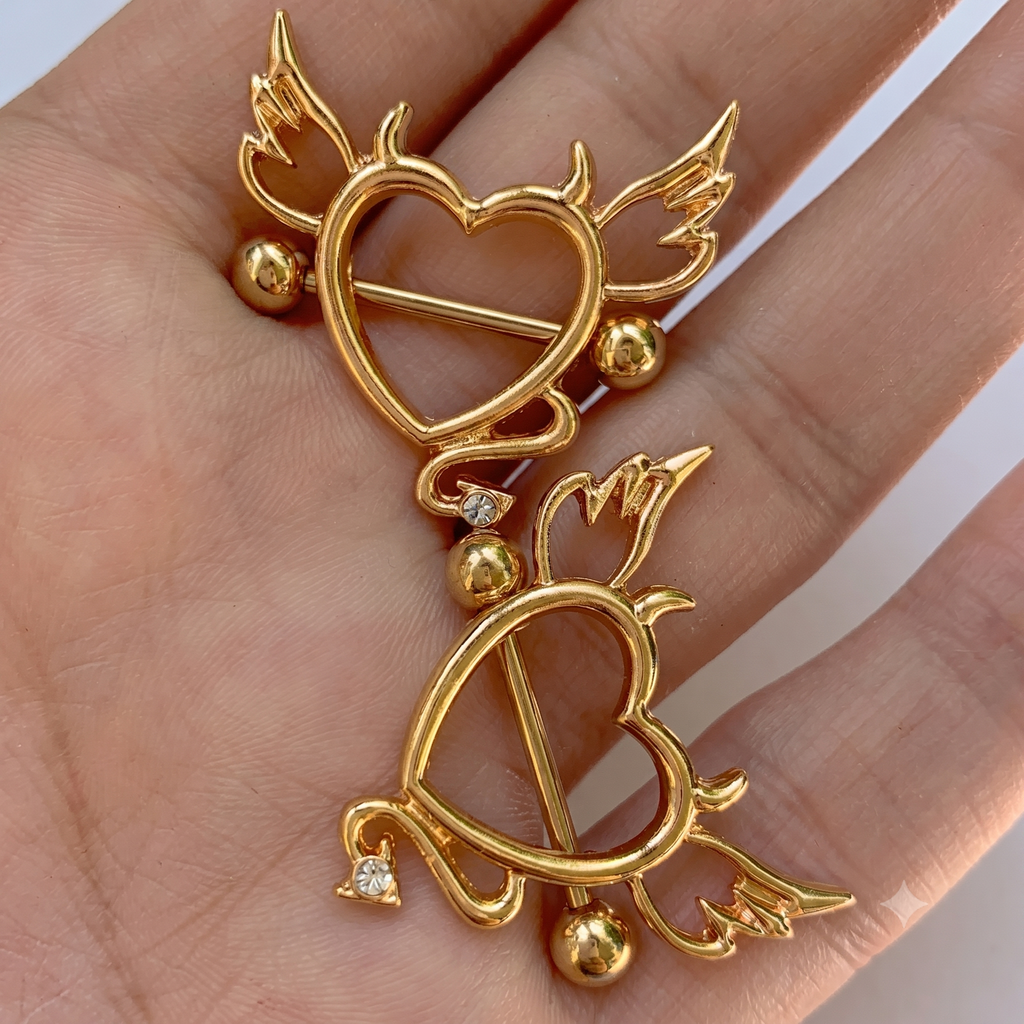 14G 9/16 Clear Gem Gold Tone Devil Heart Nipple Shield Set