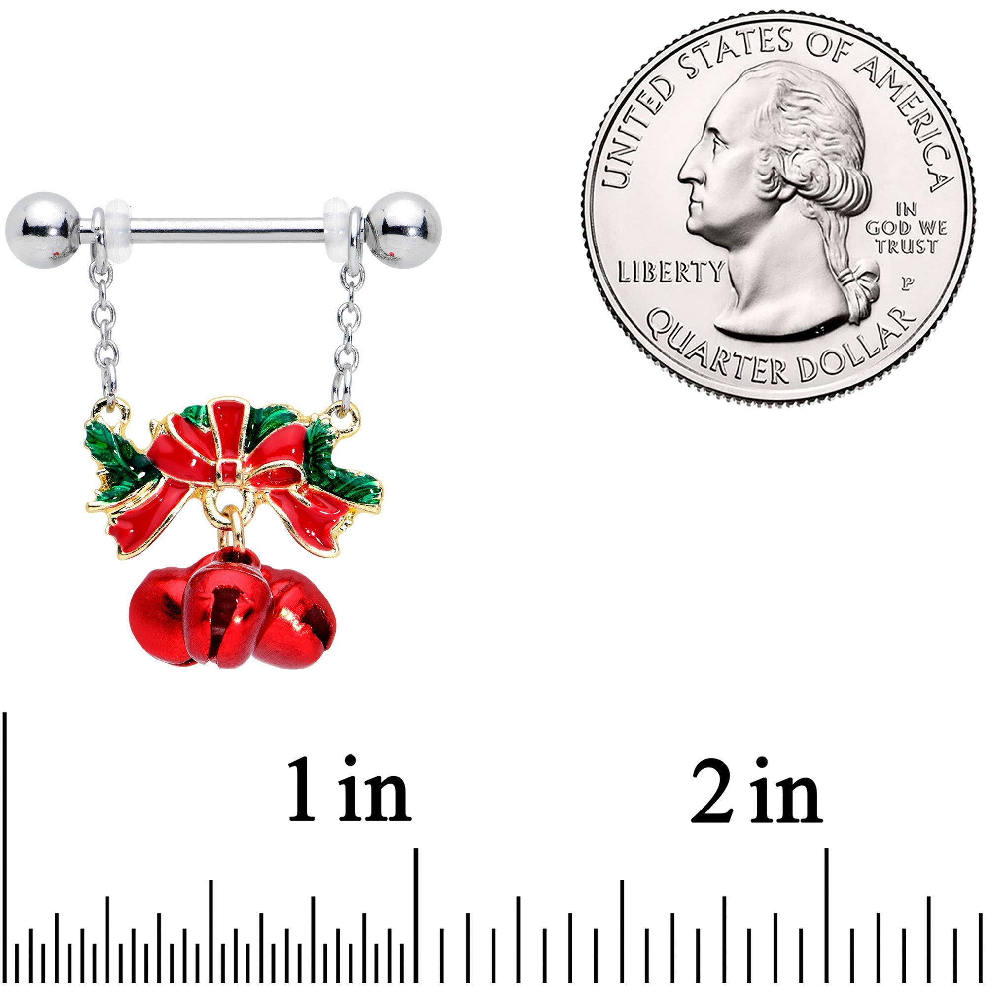 14G 9/16 Holiday Red Bells Christmas Chain Dangle Nipple Ring Set