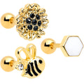16G 1/4 Black CZ Gem Gold Tone Beehive Cartilage Earring Set of 3