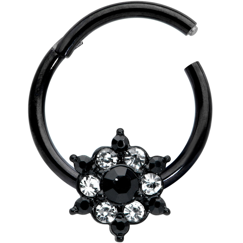 16G 3/8 Clear CZ Gem Black Abstract Sun Hinged Segment Ring