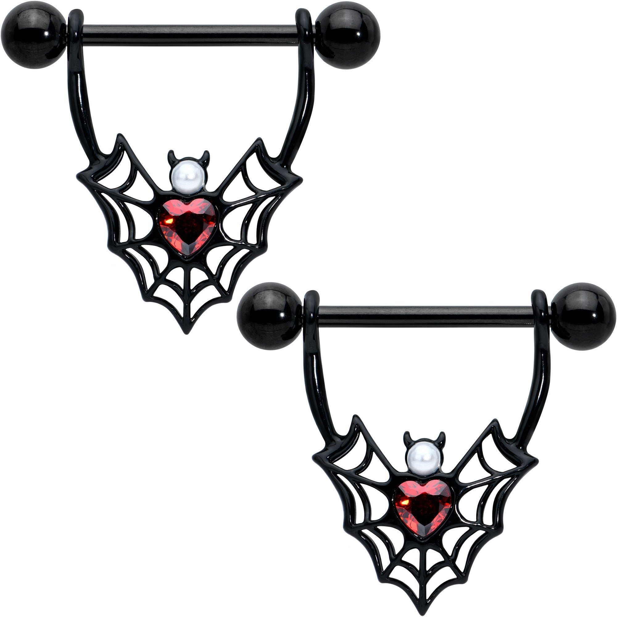 14G 11/16 Red Gem Black Gothic Bat Heart Nipple Shield Set