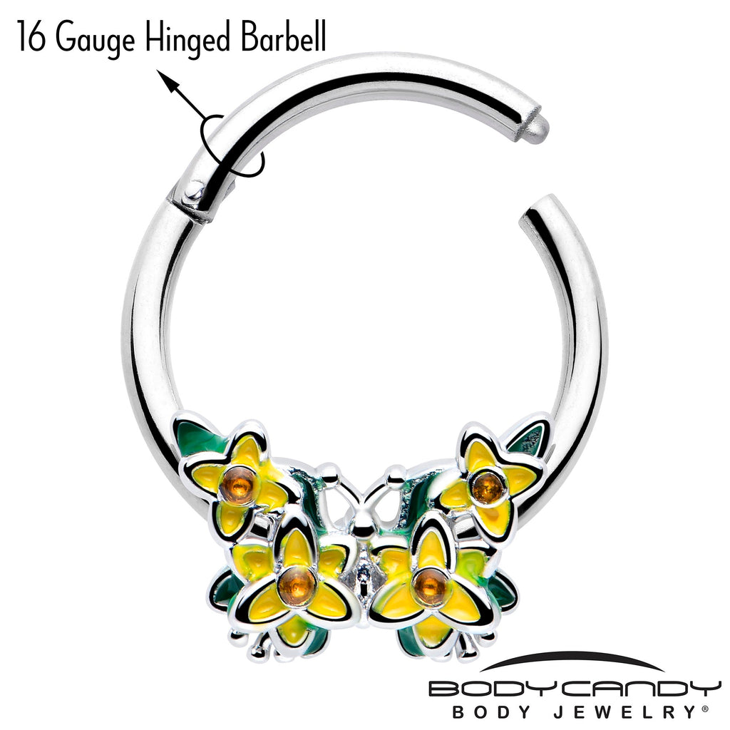 16G 3/8 Yellow CZ Gem Blooming Butterfly Hinged Segment Ring