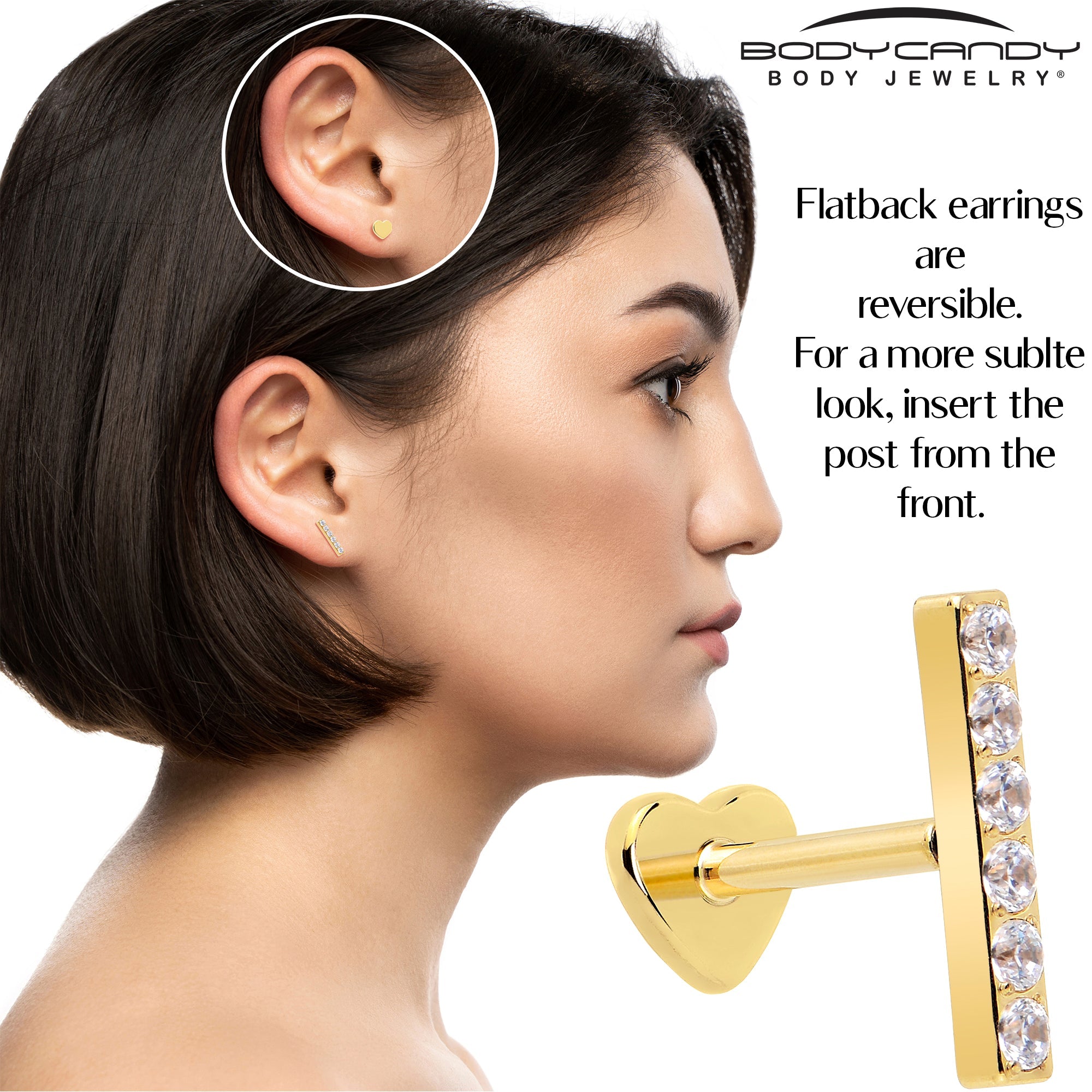 18G 1/4 Clear Gem Gold Plated Implant Grade Titanium Threadless Bar Flatback Stud